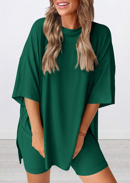 PRETTYGARDEN Women's Two Piece Lounge Set 2025 Summer Casual Oversized Shirts Biker Shorts Matching Airport Travel Outfit