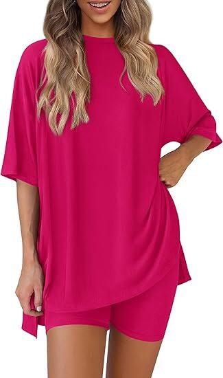 🔥Women's Two Piece Lounge Set 2026 Summer Casual Oversized Shirts Biker Shorts Matching Airport Travel Outfit