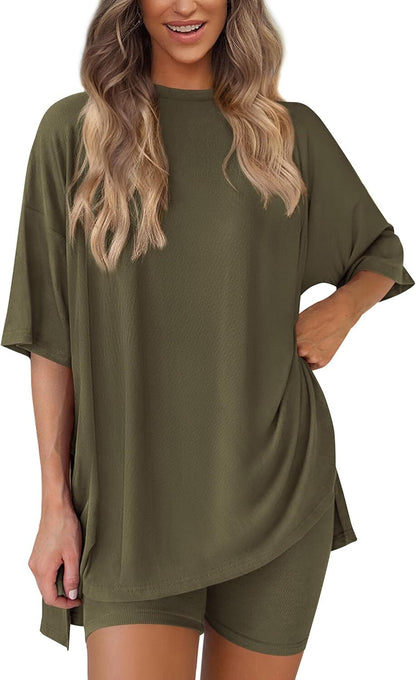 🔥Women's Two Piece Lounge Set 2026 Summer Casual Oversized Shirts Biker Shorts Matching Airport Travel Outfit