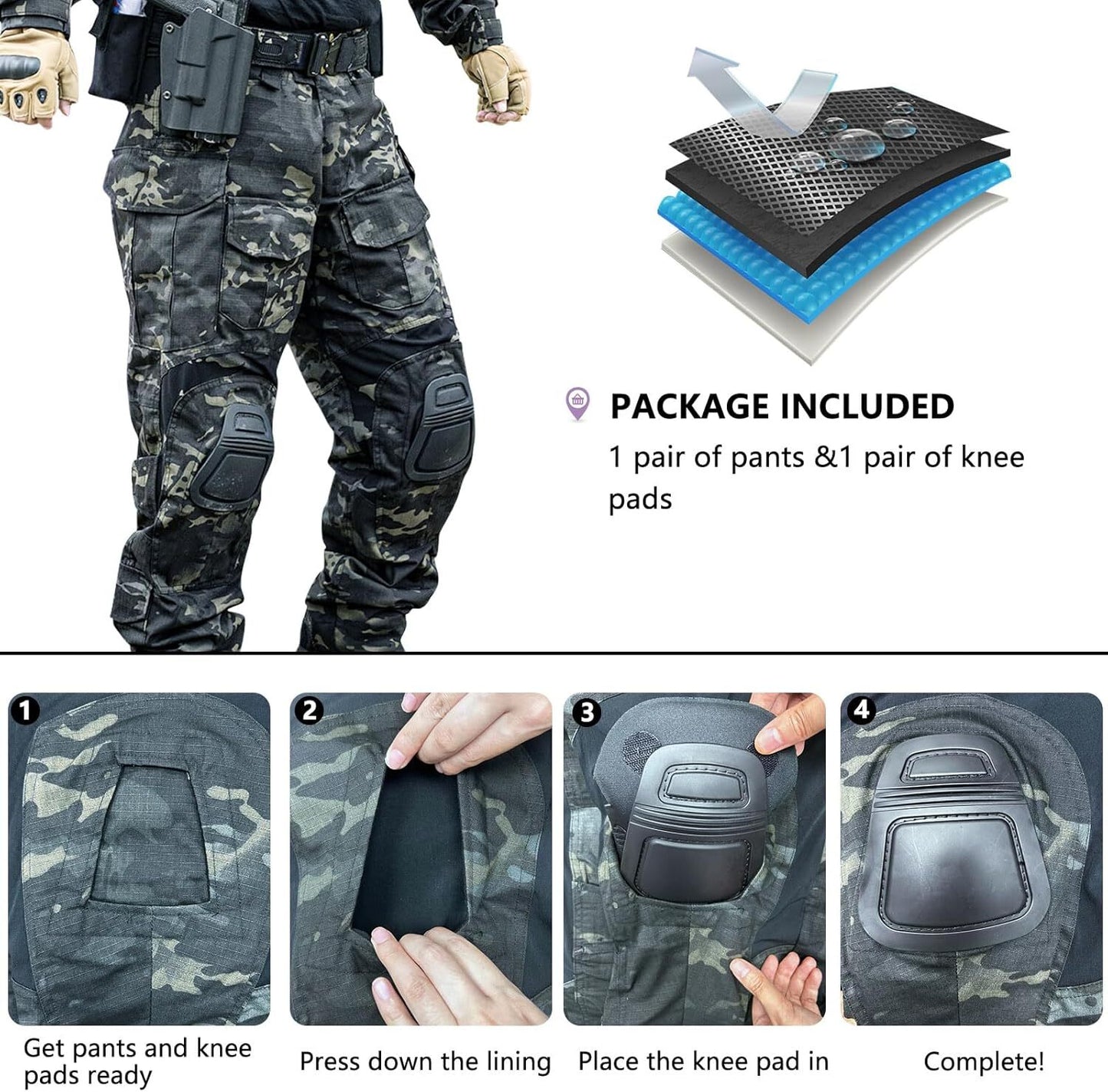 Men’s Tactical Pants with Knee Pads Camo Cargo Pants Waterproof Hiking Pants 10 Pockets No Belt